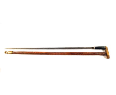 A sword stick with horn grip and decorated leather clad scabbard