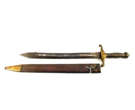A late 19th Century sawback "Pioneer" short sword with leather scabbard