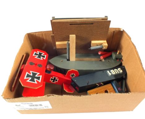 Two Ron Fuller wooden automaton models, The Red Baron, Submarine and part factory model