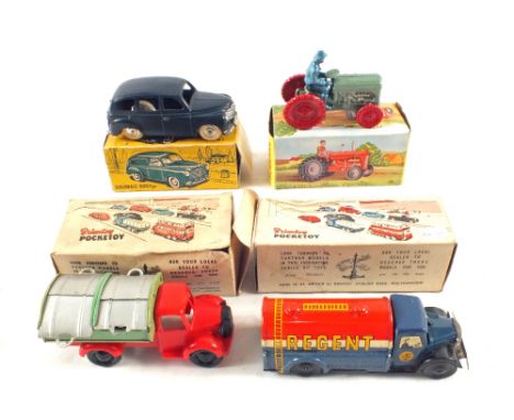 A boxed Ben Bros Tractor, a French JJ Praire Renault plus two Brimtoys 9/506 Petrol Lorry and 9/527 Refuse Collecting Van