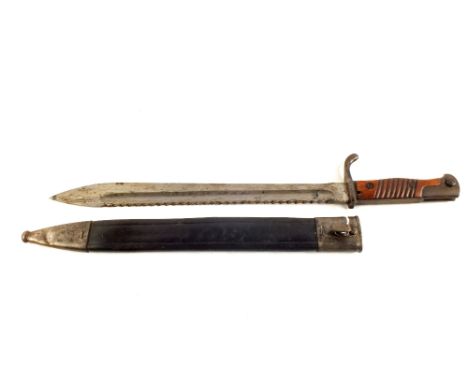 A German model 1898/05 sawback (1st type) bayonet with correct leather scabbard, maker marked blade Simson & Co. SOHL