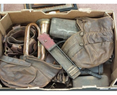 WWI military equipment including 1918 wire cutters, binoculars, leather bandolier, Sam Browne, gas rattle, bugle etc