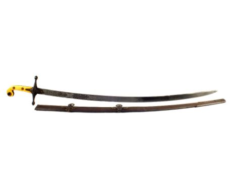 A Victorian Cavalry Officers' Mameluke sword and scabbard.  Sword with ivory grip and etched blade bearing crowned VR cypher 