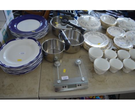 A set of Salter scales; together with Tefal saucepans 