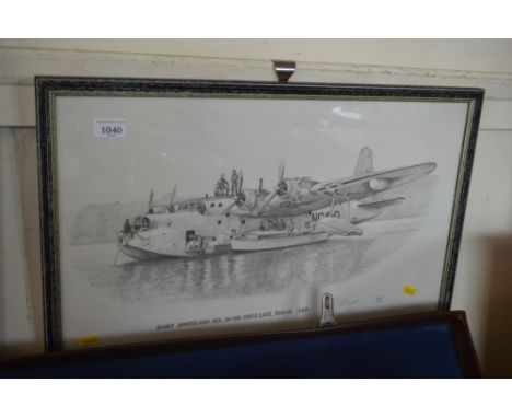 A framed pencil sketch study of a seaplane 1948