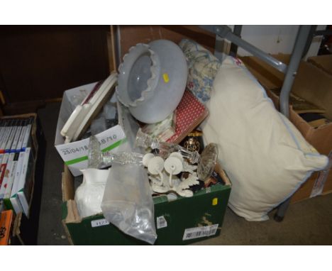 A box containing various decorative china, light fittings, candle sticks etc.