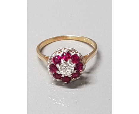 18CT YELLOW GOLD RUBY AND DIAMOND CLUSTER RING