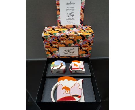 WEDGWOOD CLARICE CLIFF LIMITED EDITION BLUE AUTUMN STAMFORD TEASET WITH CERTIFICATE AND ORIGINAL BOX
