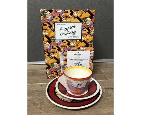 LIMITED EDITION WEDGWOOD CLARICE CLIFF BLUE AUTUMN CONICAL TEACUP SAUCER AND SIDE PLATE WITH CERTIFICATE AND ORIGINAL BOX