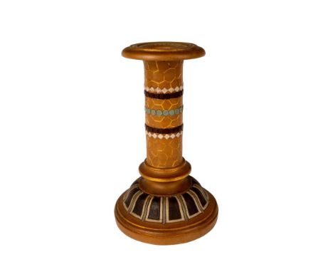 Stoneware candlestick holder decorated with mosaic patterns. Silicone Ware impressed backstamp. Doulton Lambeth impressed bac