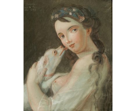 Jacqmin XVIIIe, 'Jeune femme et son chien'.Pastel sur papier inscrit en haut à gauche : "Jacqmin invi & pinit ano 1782".39x31