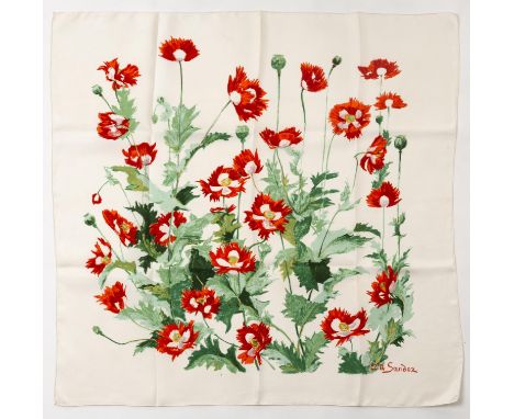 Edouard Marcel Sandoz, carré en soie "Les pavots".Signé en bas à droite.78x75 cm.  Condition: petites taches.Vintage VintageV