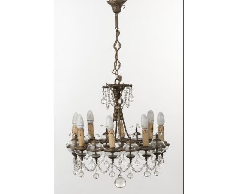 Lustre à sept flammes et quatorze boules avec armature en laiton vers 1900.D. 53 cm.Mobilier & Décoration FurnitureLuminaires