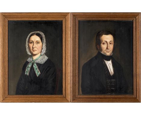 Anonyme (XIXe), portraits en pendant.Huiles sur panneaux, monogramme JBM datées 1848.41x30 cm.Beaux-Arts Paintings & Sculptur