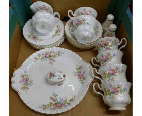 Royal Albert Moss Rose teawares; six cups and saucers (one saucer Paragon), six side plates, one cake plate, milk jug, etc.