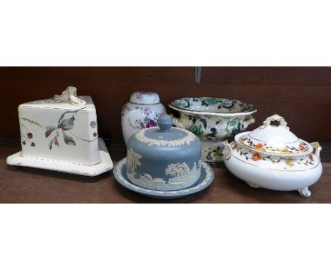 A Royal Crown Derby china tureen, a/f, an Adams style cheese dome and base, relief moulded hunting scene to dome, a Mason's C