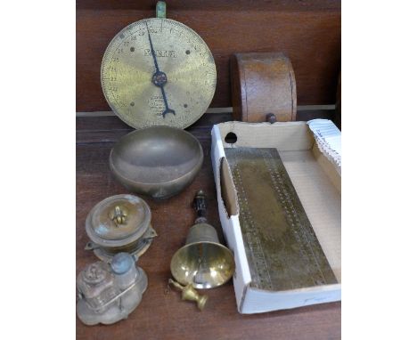 A brass bell, Salter 30lb balance, trench art brass inkwell, cribbage board, etc.