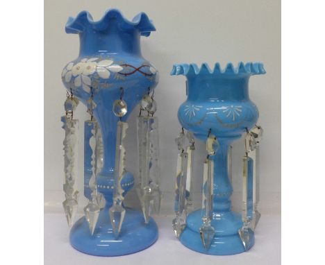Two blue glass lustres with enamel decoration