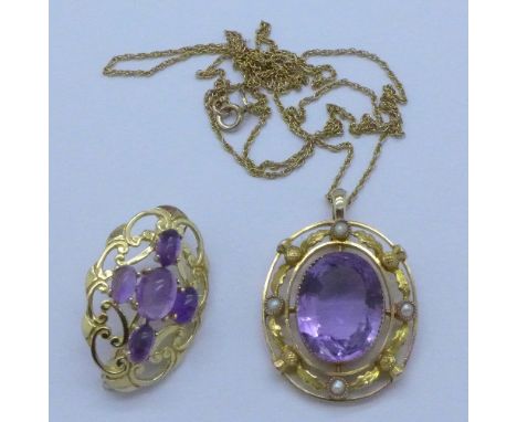A 9ct gold and amethyst pendant on a 9ct gold chain and a 9ct gold and amethyst brooch, 8.4g