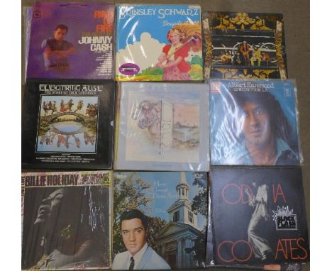 Twenty-seven LP records, including Gordon Lightfoot, Odia Coats, Steve Hackett, Albert Hammond, The Beatles Greatest, Gram Pa