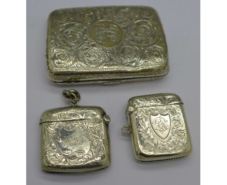 Two silver vesta cases and a silver cigarette case, all with initials, 105g