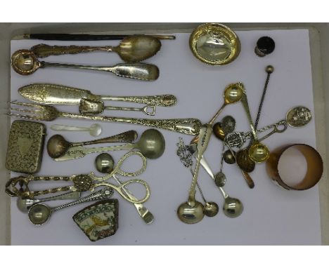 A collection of silver salt and other spoons, silver toddy ladle, a/f, plated spoons, vesta case, etc.