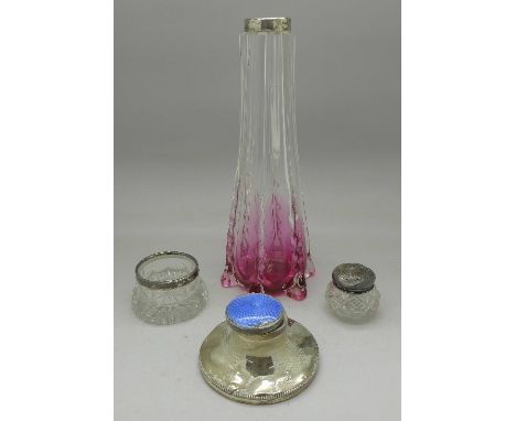 A silver and guilloche enamel inkwell, a/f, silver rimmed vase, a silver topped jar and a salt