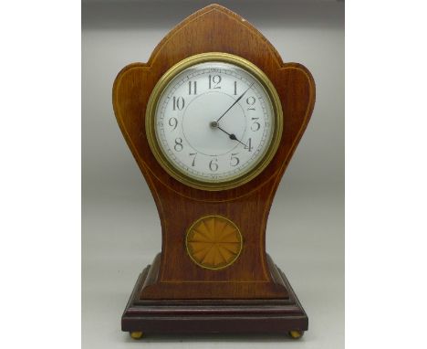 A mahogany inlaid mantel timepiece, the movement marked made in France, 25.5cm