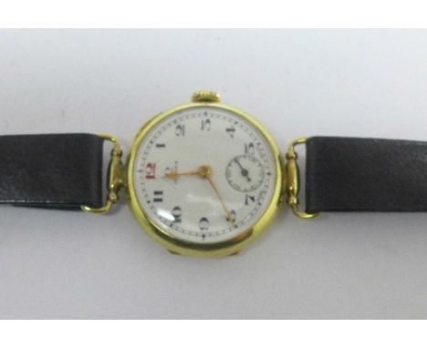 A lady's 14ct gold cased Omega wristwatch with white enamel dial, on a leather strap with Omega clasp, 6887374, width of case