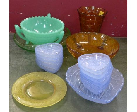 A Bagley glass trifle set, a Jobling jade fruit bowl and two other bowls, a glass plate and vase