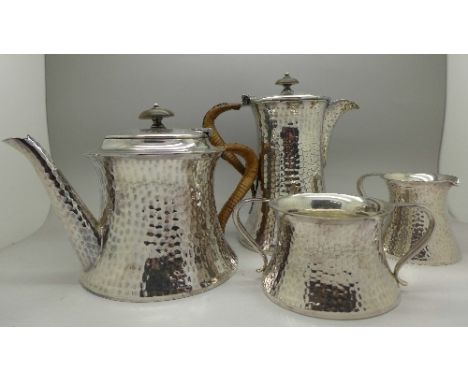 A hammered four piece plated tea service, Joseph Rodgers, Sheffield, EPBM