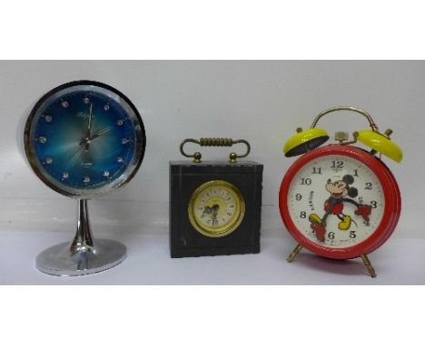 Three clocks:- Mickey Mouse alarm clock, slate clock and Rhythm alarm clock