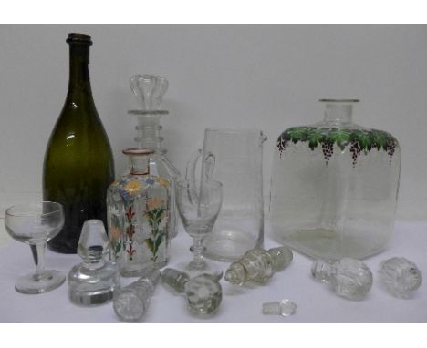 A collection of 19th Century glassware including decanter, stoppers, bottle, water jug, etc.