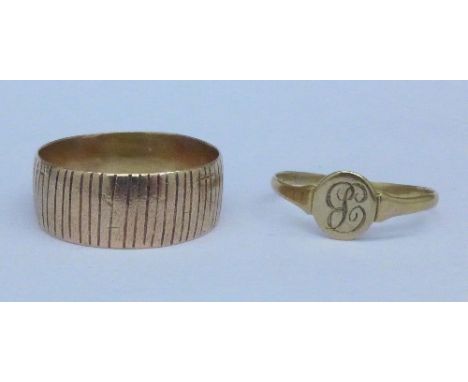 Two 9ct gold rings including a wedding band hallmarked Birmingham 1897, total weight 3.5g, K and R