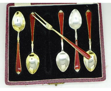 Five cased silver and enamel spoons, Walker and Hall with associated enamelled silver fork