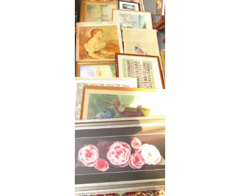 Pictures and prints, golfing scene oil on canvas, nude print signed Robeson, landscapes, tapestries, etc. (a quantity)