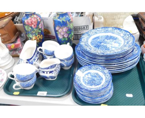 Blue and white wares, comprising Staffordshire Ironstone dinner plates, a pair of Maling vases, etc. (2 trays)