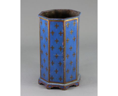 A Victorian blue-painted wooden octagonal stick stand with gold &amp; red fleur-de-lys decoration, on bracket feet, 12” wide 