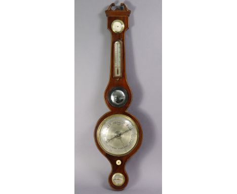 An early Victorian inlaid-mahogany banjo barometer, with hygrometer thermometer, &amp; convex mirror above the 7½” silvered d