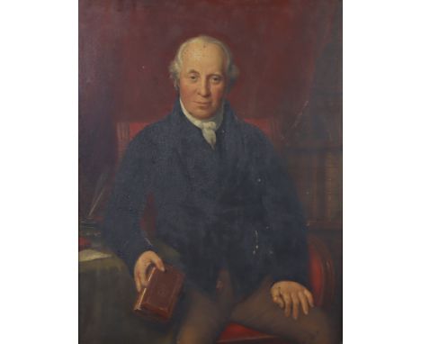 ENGLISH SCHOOL, early 19th century.  A portrait of Mark Newby, seated three-quarter length, holding a book; oil on board: ins