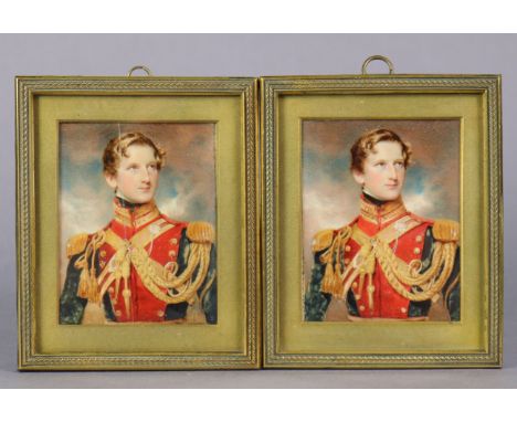 ENGLISH SCHOOL, 19th century.  A pair of portrait miniatures of a military officer in ceremonial dress, half-length looking t