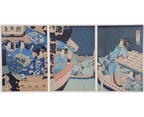 Attr. to UTAGAWA KUNISADA II (1823-1880).  A 19th century triptych coloured woodblock print of beauties in pleasure boats, ea