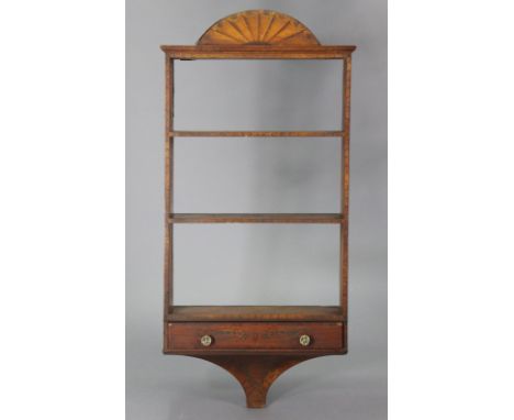 A late 18th century pen-work, marquetry &amp; grained three-tier wall shelf with fan-shaped surmount, fitted with a shallow d