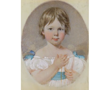 ENGLISH SCHOOL late 19th/early 20th century. A portrait miniature of a young girl wearing white dress &amp; holding a locket,