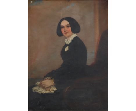 ENGLISH SCHOOL, 19th century.  Portrait of a lady, three-quarter length, seated in an armchair looking to her left; oil on bo