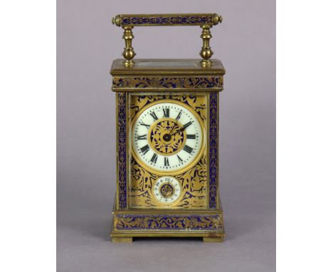 A 19th century French brass &amp; champleve enamel carriage timepiece with gilt foliate decoration on a blue ground to the gl