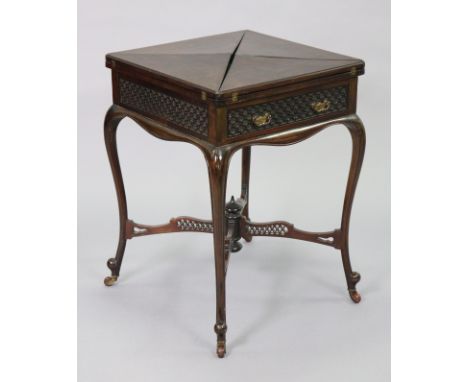 A Victorian mahogany envelope-top card table, the interior lined with green baize surrounded by a gilt-tooled leather border,