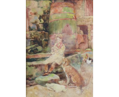 DAVID WOODLOCK (1842-1929) A boy playing his pipe in a courtyard, a dog &amp; chickens beside; signed upper left, watercolour