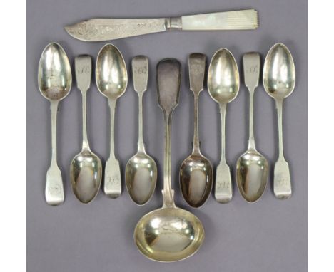 Six Victorian silver fiddle pattern teaspoons, London 1858, by s. Hayne &amp; D Cater; two other fiddle pattern teaspoons; a 