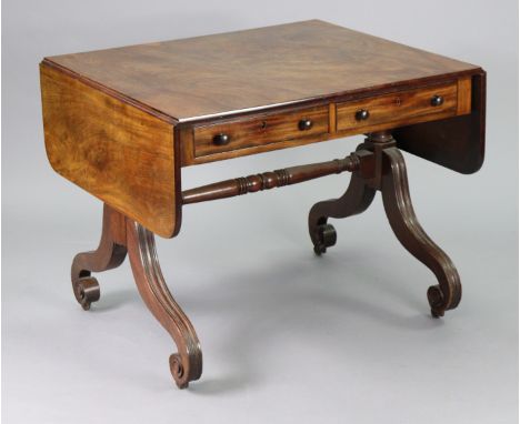 A regency mahogany sofa table with rounded corners to the drop-leaves, fitted two frieze drawers with turned knob handles, on